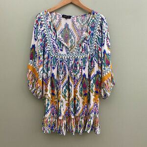 Rachel Zoe Boho Tunic Blouse Top Tassel 3/4 Sleeve Flowy Multicolor Womens 1X